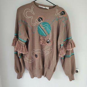 Vintage Marc D'Alcy Sweater Womens M Wool Blend Fringe Western Graphic Padded